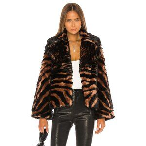 New Revolve Unreal Fur “Madam Purr” Faux Fur Striped Jacket Black & Orange Sz L